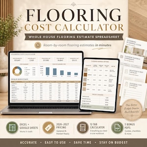 Golvkostnadskalkylator, kalkylblad för golvberäkning i hela huset i Excel, Google Sheets, LVP-parkett i trä (rum för rum), bonus-PDF för 2026-2027
