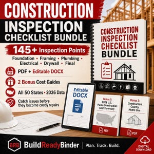 May include: A construction inspection checklist bundle featuring a spiral-bound manual, a tablet displaying an editable DOCX file, and two bonus PDF cost guides. The text includes 145+ inspection points, 2026 data for all 50 states, and BuildReadyBinder branding.