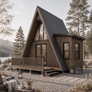 Puede incluir: Una cabaña de madera de color marrón oscuro en forma de A con un techo inclinado, grandes ventanales de cristal y una terraza delantera con barandilla. La estructura incluye revestimiento de madera vertical y marcos negros.