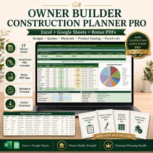 Może przedstawiać: Cyfrowe narzędzie Owner Builder Construction Planner Pro dla Excel i Google Sheets. Zawiera 17 arkuszy planowania, wykres Gantta i dodatkowe pliki PDF. Posiada pulpit nawigacyjny budżetu z wykresami, katalog produktów i szablony zarządzania budową.
