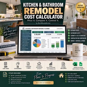 Può includere: Un calcolatore digitale dei costi di ristrutturazione di cucine e bagni visualizzato su uno schermo di un portatile, con un grafico a torta, un istogramma e un riepilogo dei costi. L'interfaccia include schede per i dettagli del progetto.