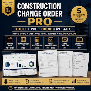 Construction Change Order Template PRO | Excel Change Order Log, PDF Forms, Contractor Approval Form, Cost Tracker & Email Templates