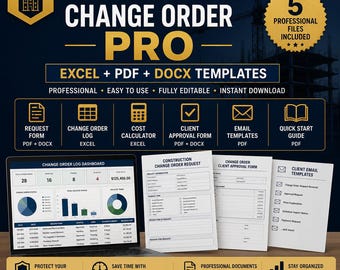 Szablon zlecenia zmian w budowie PRO | Rejestr zleceń zmian w programie Excel, formularze PDF, formularz zatwierdzenia wykonawcy, śledzenie kosztów i szablony wiadomości e-mail