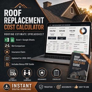 May include: A digital roof replacement cost calculator spreadsheet for Excel and Google Sheets, featuring a laptop displaying a cost dashboard, a bonus PDF guide, and text detailing bid comparison, insurance claims, and a 2026-2027 update.