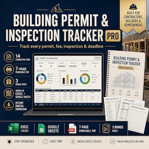 Puede incluir: Una herramienta digital Building Permit & Inspection Tracker Pro en una pantalla de portátil, con un panel de control de gráficos y tablas. Incluye un planificador de espiral, listas de control PDF imprimibles y compatibilidad con Excel.