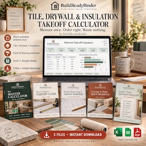 Peut inclure: Un calculateur numérique de métrés pour carrelage, cloisons sèches et isolation affiché sur un écran d'ordinateur portable. L'ensemble comprend cinq fichiers : calculateur maître, guide de métré, feuille de calcul, référence et liste de contrôle.