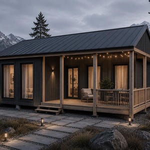 Op de afbeelding: Een donkergrijze hut met een metalen dak en een houten veranda met lichtsnoeren. De structuur heeft grote ramen, een centrale deur en een stenen looppad naar de ingang, tegen een achtergrond van bergen en dennenbomen.