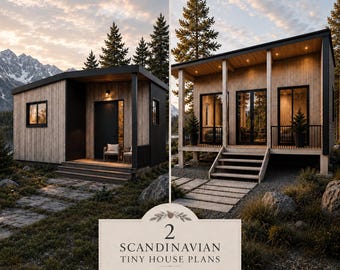 May include: Two tiny house designs featuring light wood siding, black trim, and large windows. The text reads: 2 SCANDINAVIAN TINY HOUSE PLANS BUNDLE DIGITAL PDF + MATERIAL LIST. The structures are set in a mountainous landscape with pine trees.