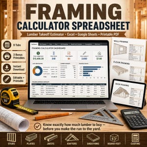 May include: A digital framing calculator spreadsheet displayed on a laptop screen, featuring lumber takeoff estimator tools for Excel and Google Sheets. Includes a 25-foot tape measure, a pencil, a speed square, a calculator, and printed framing diagrams.