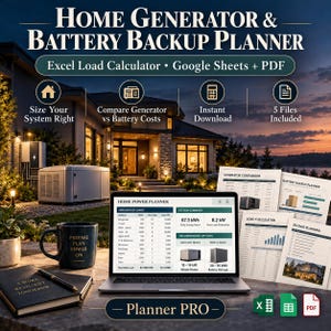 May include: Home Generator & Battery Backup Planner digital tool featuring an Excel load calculator, Google Sheets, and PDF files. The screen displays a Home Power Planner dashboard with household load data, system summaries, and generator options.