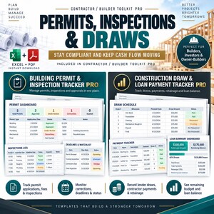 K&ouml;nnte beinhalten: Ein digitales Contractor Builder Toolkit Pro mit Vorlagen f&uuml;r Genehmigungen, Inspektionen und Auszahlungen. Enth&auml;lt Excel- und PDF-Dateien zur Nachverfolgung von Baugenehmigungen, Baudarlehenszahlungen und Projektpl&auml;nen mit Dashboards.