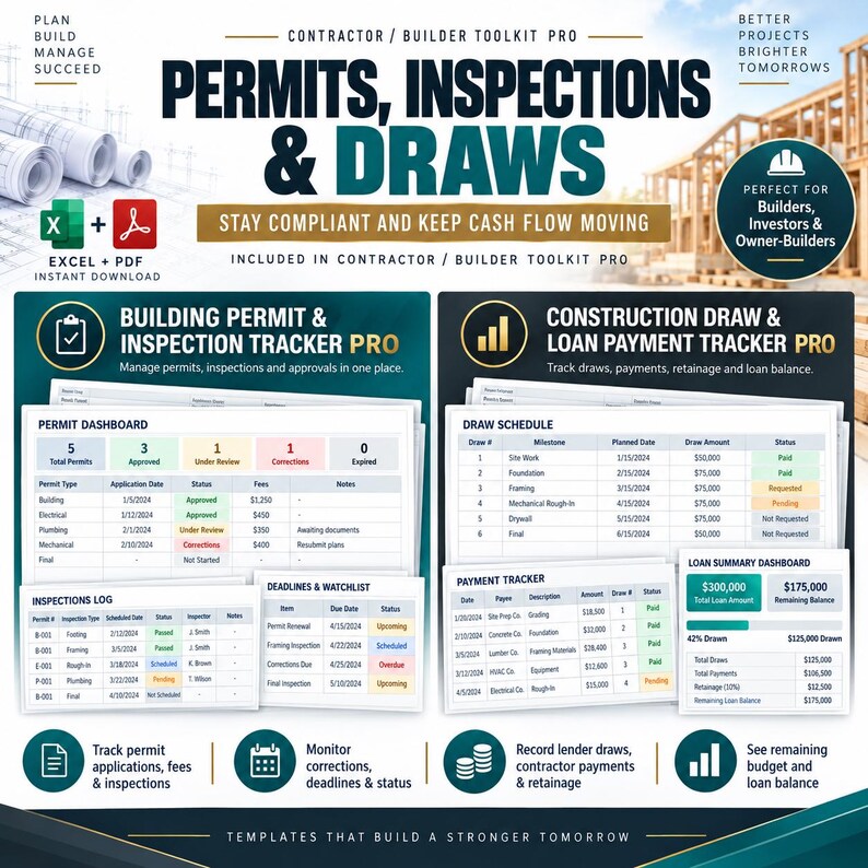 K&ouml;nnte beinhalten: Ein digitales Contractor Builder Toolkit Pro mit Vorlagen f&uuml;r Genehmigungen, Inspektionen und Auszahlungen. Enth&auml;lt Excel- und PDF-Dateien zur Nachverfolgung von Baugenehmigungen, Baudarlehenszahlungen und Projektpl&auml;nen mit Dashboards.