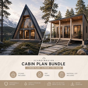 Scandinavian Cabin Plan Bundle, A-Frame and Tiny House Plans, 2 Nordic Home Blueprints, 1 and 2 Bedroom PDF Plan Set