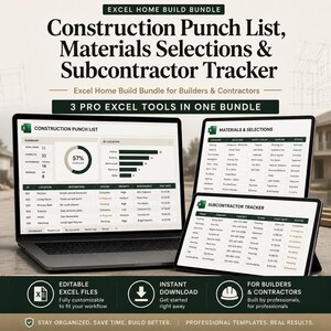 May include: A digital bundle of three Excel tools for construction management, including a Construction Punch List, Materials Selections, and Subcontractor Tracker. The display shows spreadsheets on a laptop and two tablets with data tables, charts, and project tracking columns.