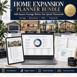 May include: A home expansion planner bundle featuring a laptop displaying a project budget overview, a tablet showing a planner list, and printed documents including a permit checklist and project timeline, all set against a dark blue background.