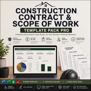 May include: A digital template pack for construction contracts and scope of work documents. The display shows a laptop with a contract dashboard, a stack of printed forms, and icons for Word, Excel, and PDF files on a dark green footer bar.