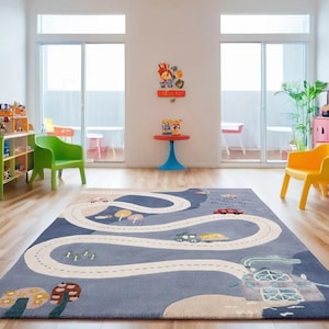 Hand Tufted Kids Rug, Road Map Car Rug, Blue Nursery Rug, Wool Area Rug, Boys Room Decor, Playroom Carpet, Handmade Kids Carpet