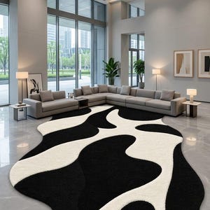 Handgetuft zwart-wit vloerkleed, modern abstract wollen vloerkleed, tapijt met organische vormen, eigentijdse woonkamerdecoratie