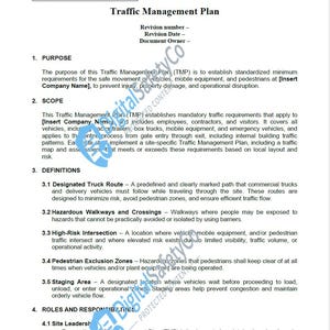 May include: A white document titled Traffic Management Plan with sections for Purpose, Scope, Definitions, and Roles and Responsibilities. The text outlines safety requirements for vehicles, mobile equipment, and pedestrians at a facility.