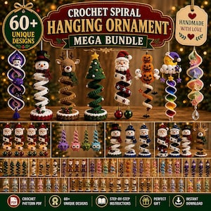 Puede incluir: Una colección digital de más de 60 patrones de ganchillo para adornos colgantes en espiral. La imagen muestra varios adornos terminados, incluyendo muñecos de nieve, renos, árboles de Navidad, Santa Claus, calabazas y lunas de hilo.