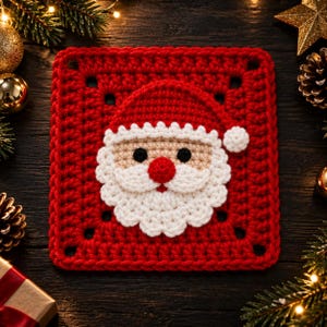 May include: A square red crochet granny square featuring a central Santa Claus face applique. The Santa design includes a red hat with a white pom-pom, a beige face, black eyes, a red nose, and a textured white beard and mustache.