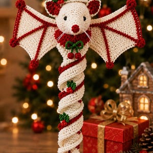 May include: A crocheted bat ornament featuring a cream-colored body with red wings, wearing a red and white Santa hat. The bat has a red collar with green holly leaves and berries, and the body is wrapped in a spiral pattern with red and white yarn.