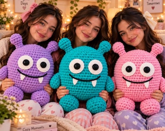 May include: Three plush monster toys made of crocheted yarn. The left toy is purple, the center toy is teal, and the right toy is pink. Each monster features two small horns, large white circular eyes with black pupils, and two white fangs.