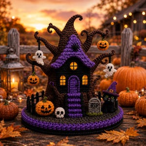 Op de afbeelding: Een gehaakte Halloween-decoratie bestaande uit een donkerbruin boomhuis met een paars dak, verlichte gele ramen en een paarse deur. De scène bevat hangende witte spoken, oranje pompoenen, een schedel, een grafsteen en een zwarte kat.