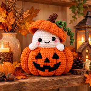 Peut inclure: Une figurine de fantôme au crochet portant un chapeau citrouille orange avec une vrille verte, assise dans une citrouille au crochet orange plus grande avec un visage de jack-o'-lantern en feutre noir aux yeux triangulaires et large sourire.