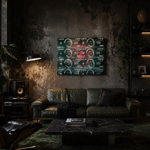 May include: A rectangular wall art piece featuring a grid of repeating one hundred dollar bill graphics with a central red circular accent. The artwork is mounted on a dark, textured wall above a dark green leather sofa in a dimly lit room.