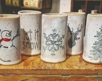 Succulent Tumbler, Shot Glass, Toothpick Holder, Q Tip Holder, Handmade Pottery, Snowman, Reindeer, Holiday Gift, Nondenominational