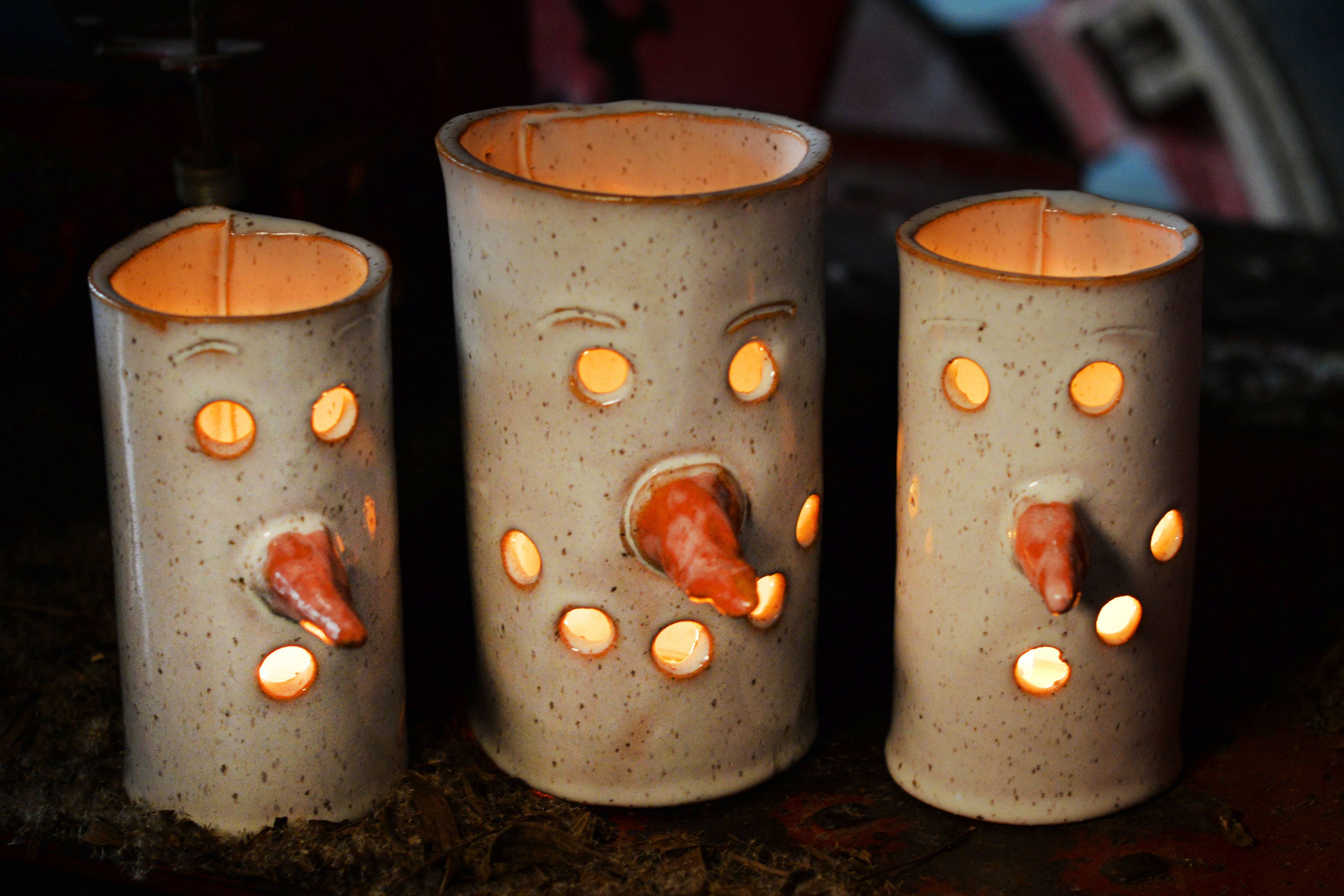 FREE SHIPPING Handmade Ceramic Snowman Luminary Candle Holder - Festive Holiday Decor - Christmas Tealight Lantern