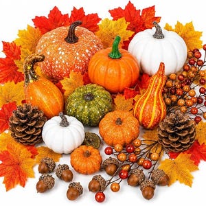 May include: A collection of artificial autumn decor featuring various pumpkins and gourds in orange, white, and green, accompanied by brown pinecones, acorns, red and orange maple leaves, and stems with small red and orange berries arranged together.
