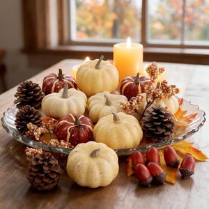 May include: A clear glass platter holds a seasonal arrangement of small cream and deep red pumpkins, brown pinecones, orange maple leaves, small acorns, and a tall yellow pillar candle. The decorative display features varied textures.