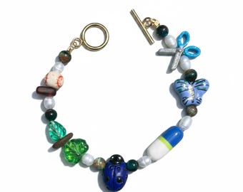 Folk Baseball Blues Charm Bracelet | Baseball, Ladybug, Butterfly, Pill Beads, Folk Music Gift
