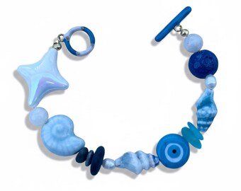 Blue Evil Eye Seashell Star Bracelet, Coastal Beach Jewelry, Summer Vacation Accessory