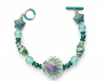 Handmade Ceramic Shell Bracelet | Aqua Sea Glass Beaded Coastal Jewelry