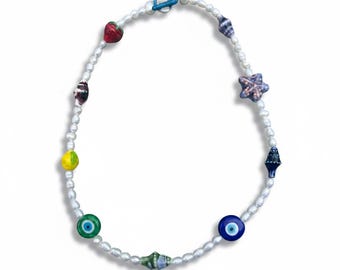 Freshwater Pearl Necklace with Ceramic Charms | Coastal Evil Eye Beachcore Jewelry
