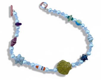 Handcrafted Ceramic Shell Necklace, Ocean Stone Beads, Sea Glass, Freshwater Pearls, Coastal Style