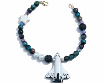 Orbiting the Moon Hand-Painted Peruvian Ceramic Space Shuttle Bracelet | Celestial Folk Music Jewelry