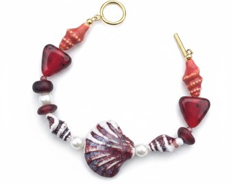 Red Ceramic Seashell Bracelet | Burgundy Coastal Jewelry | Ocean Inspired Beach Design
