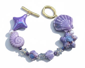 Purple Ceramic Seashell Bracelet | Handmade Coastal Beach Jewelry with Starfish Charm