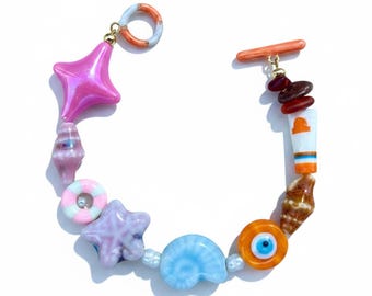 Coastal Charm Bracelet | Ceramic, Acrylic, Freshwater Pearls, Sea Glass Beads, Lampwork