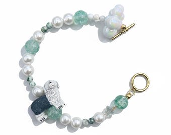 Old English Sheepdog Pearl Beaded Bracelet, Seafoam Accents, Dog Lover Charm Jewelry