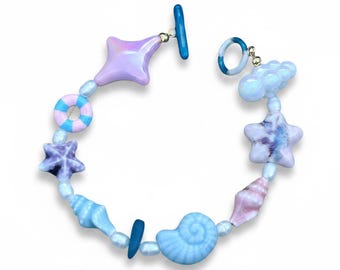 Ocean Waves Beaded Bracelet, Freshwater Pearls, Sea Glass, Star, Shell Toggle Jewelry
