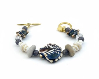 Seashell Starfish Bracelet, Natural Stone Coastal Jewelry, Beach Vacation Style