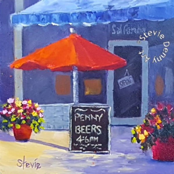 Penny Beers, PRINT of original cafe and umbrella oil painting by Stevie Denny