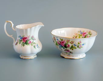 Royal Albert Moss Rose Creamer Sugar Bowl Set, Vintage English Bone China Cream Pitcher Sugar Basin, Elegant Cottagecore Tea Party Gift