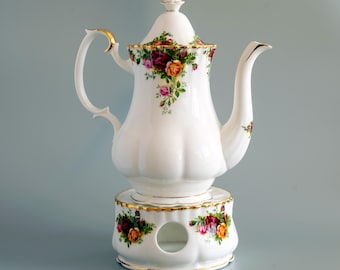 Royal Albert Old Country Roses Coffee Pot Warmer, Vintage English Bone China Teapot Tealight Candle Heater Stand, Grandmillennial Gift