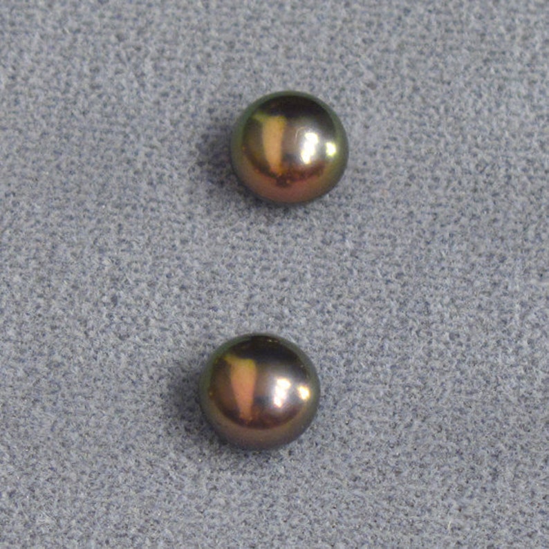 Matched Pair Cultured Freshwater Pearl 2 Loose Half-Drilled 7-7.5mm Round Natural Peacock Pearls image 1
